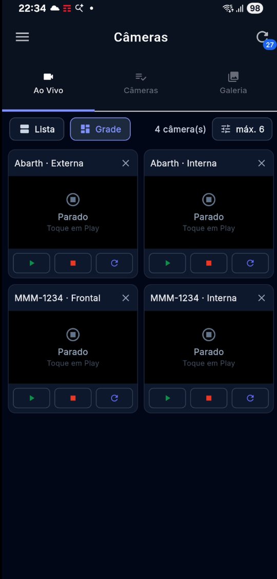 Câmeras ao vivo do veículo — externa, interna e frontal