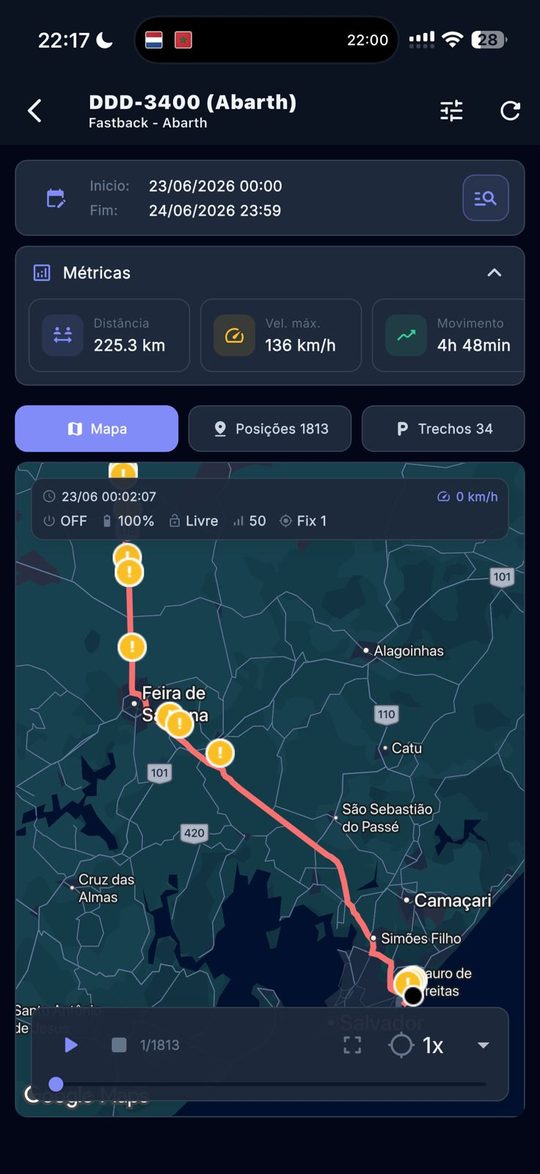 Replay de trajeto no mapa com métricas