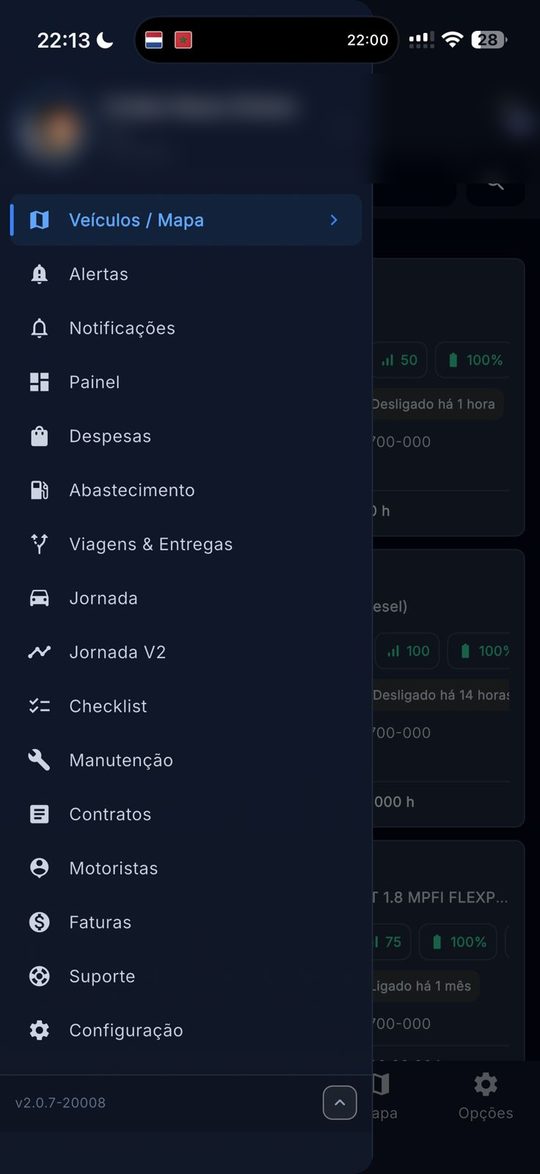 Menu do app com todos os módulos
