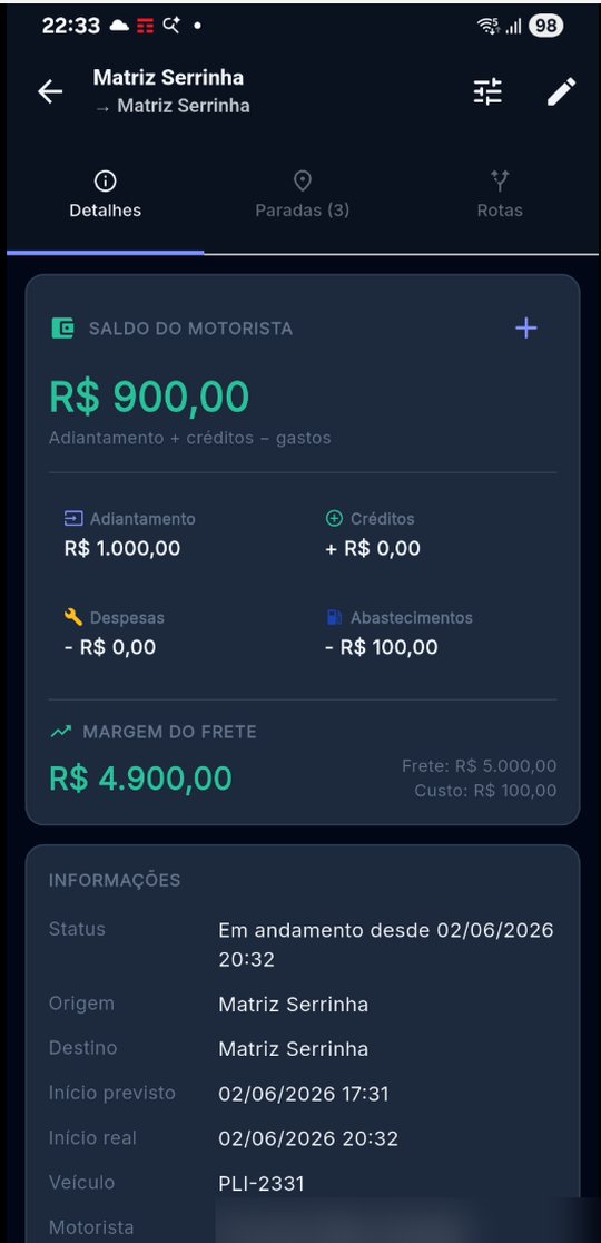 Detalhe da viagem com saldo do motorista e margem do frete